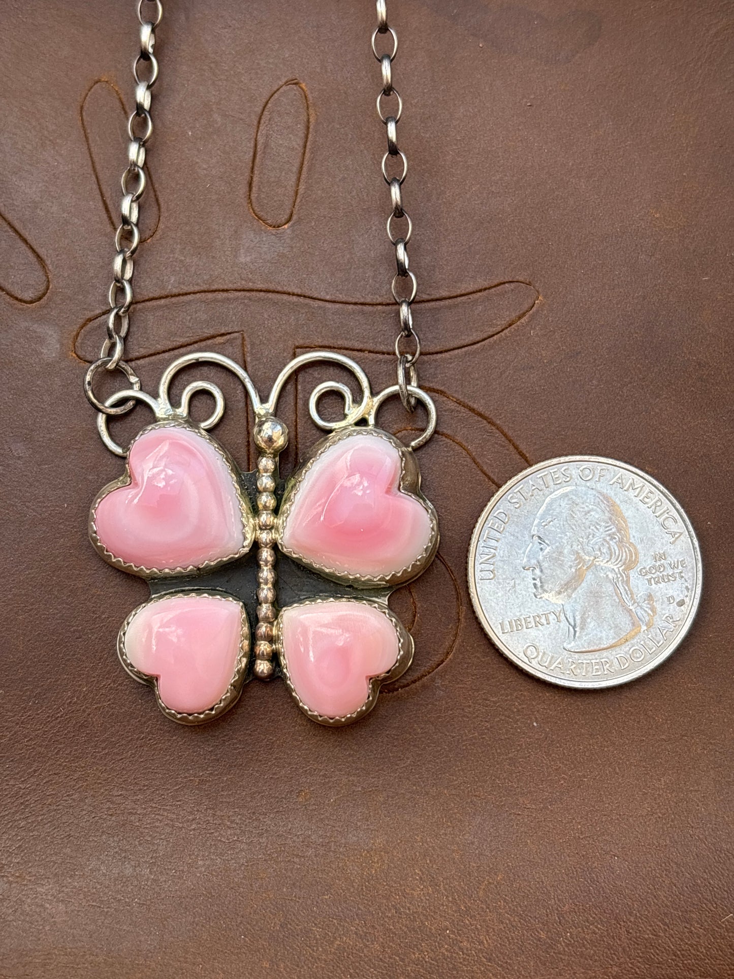 Native American, Hand-Made, Pink Conch & Sterling Silver Butterfly Necklace