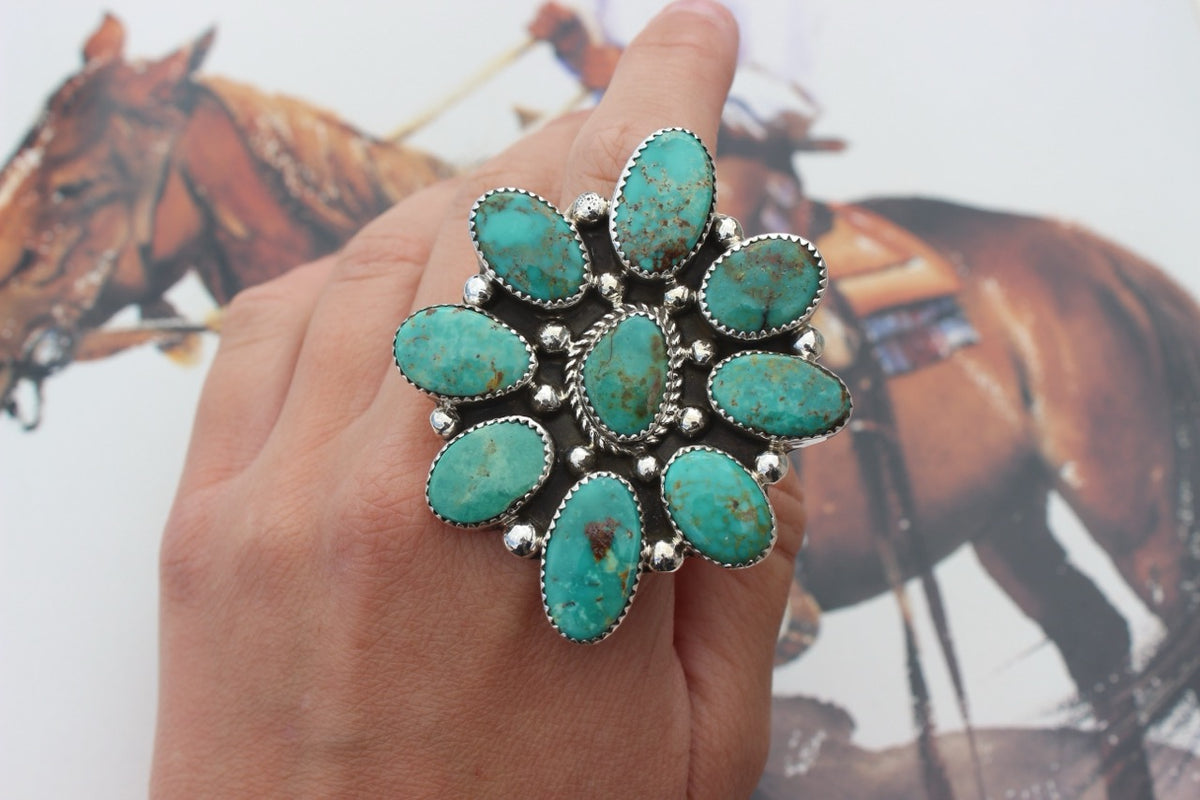 Native American, Hand-Made, Turquoise & Sterling Silver Cluster Ring