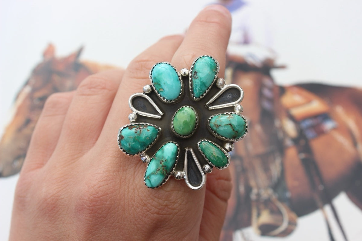 Native American, Hand-Made, Sonoran Gold Turquoise & Sterling Silver Cluster Ring