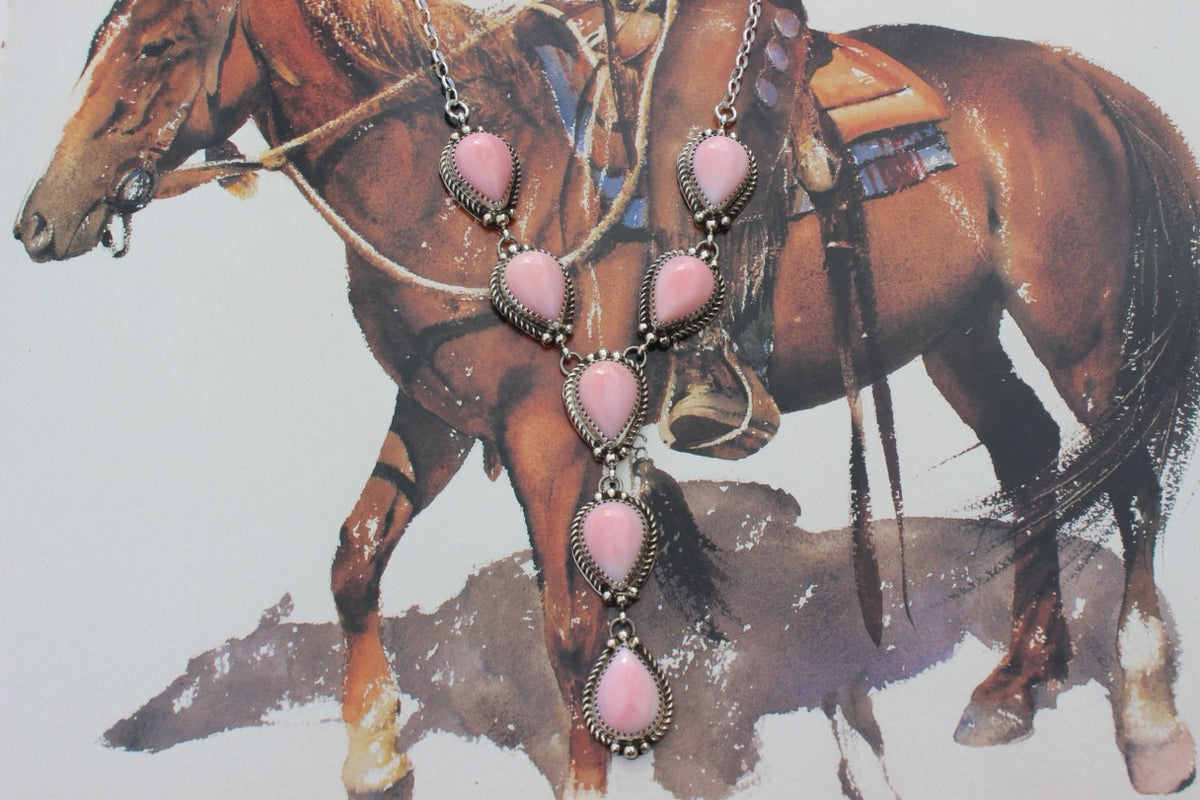 Native American, Hand-Made, Pink Conch, & Sterling Silver Lariat Necklace