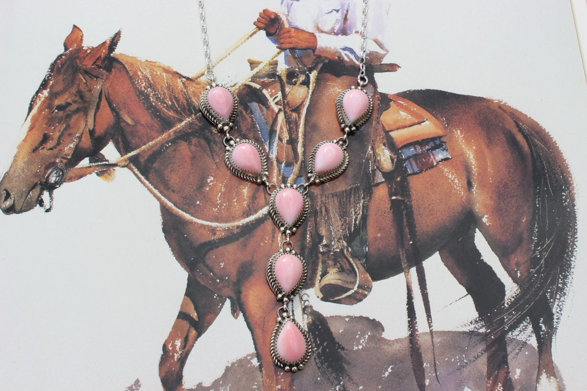 Native American, Hand-Made, Pink Conch, & Sterling Silver Lariat Necklace