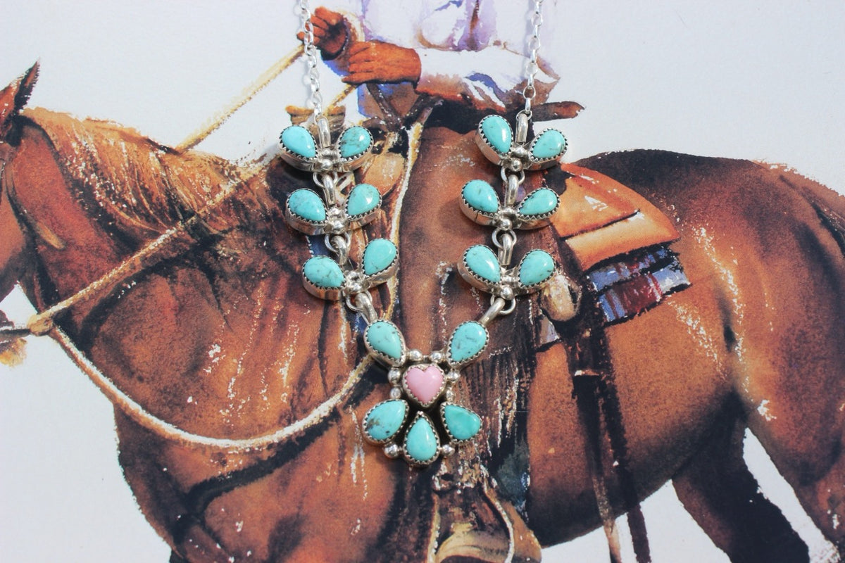 Native American, Hand-Made, Turquoise, Pink Conch, & Sterling Silver Necklace